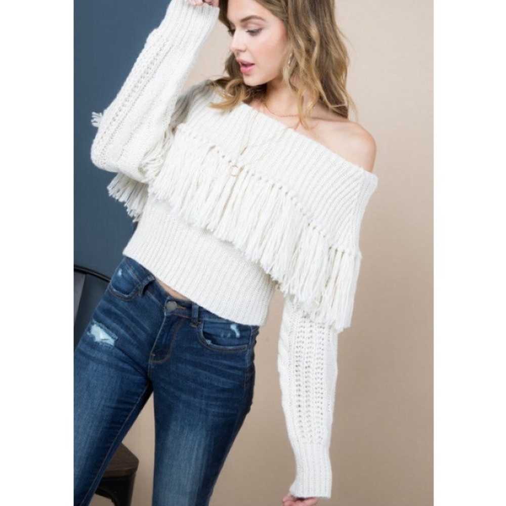 Off White Off Shoulder Fringe Boho Sweater - Picture 2 of 5